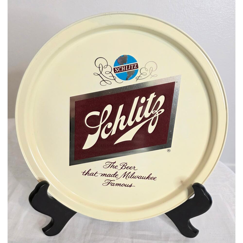 Vintage Schlitz Round Metal Beer Tray 10 3/4" Diameter Cream & Brown Color